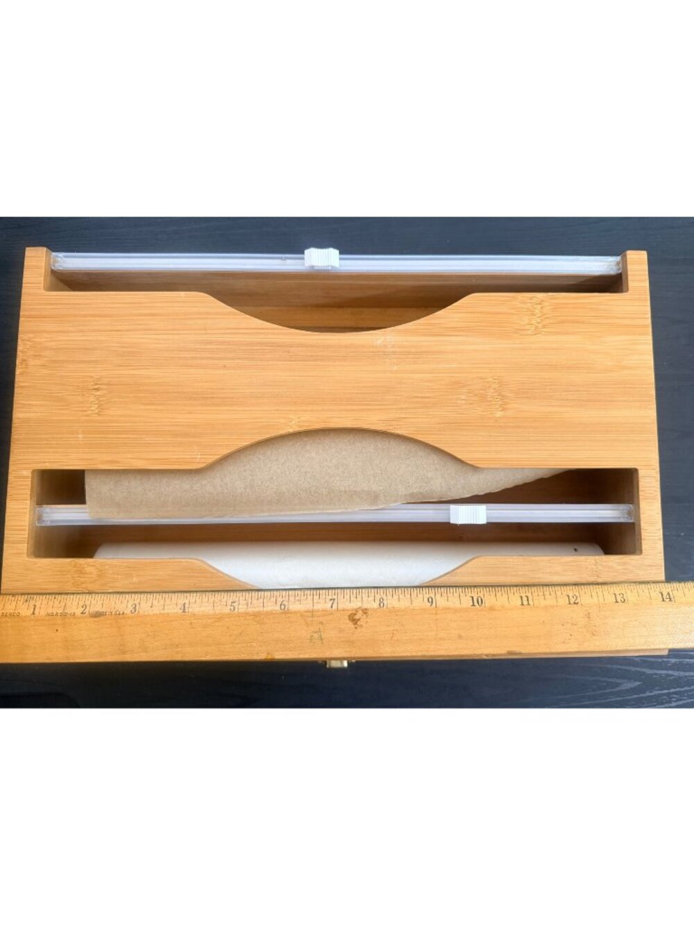 Nice Wood Organizer with Cutter, Bamboo Dispenser for Plastic Wrap, Aluminum Foi